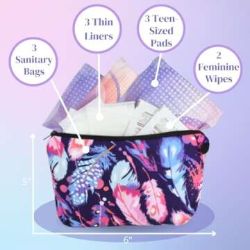 Teen First Period Pouch with Sanitary Napkins/Pads, Panty Liners, Wipes and Disposable Bags for Tweens and Teens