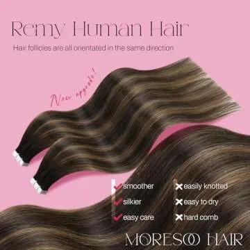 Moresoo Invisible Tape in Hair Extensions Ombre Human Hair 24 Inch Seamless Extensions
