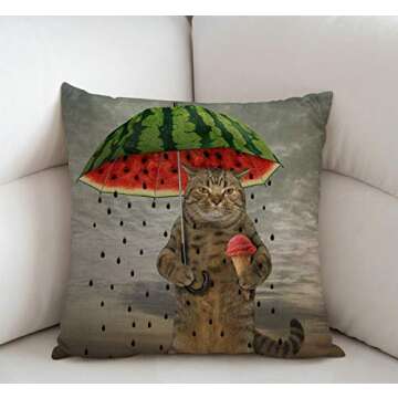 Swono Funny Animal Cat Throw Pillow Cover The Cute cat is Holding an Umbrella in one paw and Fruit i...