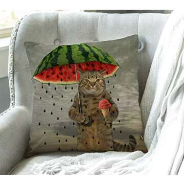 Swono Funny Animal Cat Throw Pillow Cover The Cute cat is Holding an Umbrella in one paw and Fruit ice Cream in Other Decorative Pillow Case Cotton Linen Cushion Cover Decor 18x18 Inch