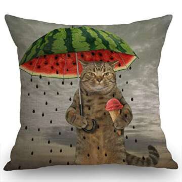 Swono Funny Animal Cat Throw Pillow Cover The Cute cat is Holding an Umbrella in one paw and Fruit ice Cream in Other Decorative Pillow Case Cotton Linen Cushion Cover Decor 18x18 Inch