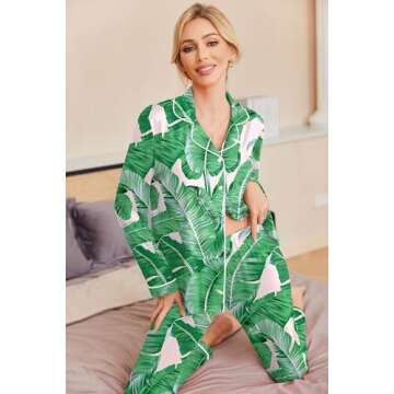 Ekouaer Pajamas Women's Long Sleeve Sleepwear Soft Button Down Loungewear Pjs Lounge Set Nightwear,Green Leaves,Small