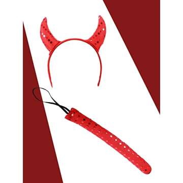5 Pcs Devil Costumes Set for Women Includes Fringe Bra Top and Skirts Sequin Devil Horn Headband Devil Tail Devil Fork Halloween Cosplay Party Accessories Red