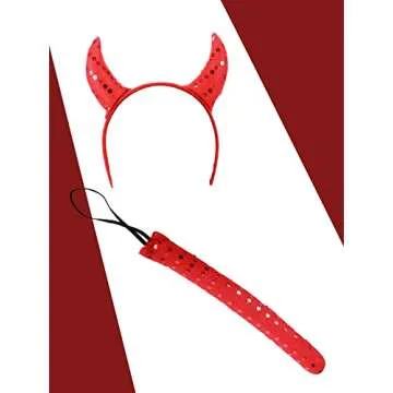 5 Pcs Devil Costumes Set for Women Includes Fringe Bra Top and Skirts Sequin Devil Horn Headband Devil Tail Devil Fork Halloween Cosplay Party Accessories Red