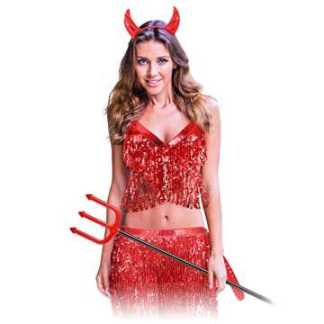 5 Pcs Devil Costumes Set for Women Includes Fringe Bra Top and Skirts Sequin Devil Horn Headband Devil Tail Devil Fork Halloween Cosplay Party Accessories Red