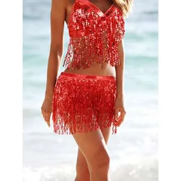 5 Pcs Devil Costumes Set for Women Includes Fringe Bra Top and Skirts Sequin Devil Horn Headband Devil Tail Devil Fork Halloween Cosplay Party Accessories Red