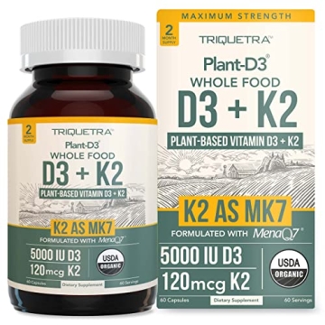 Organic Plant D3 + K2 | 5000 iu D3 + 120 mcg K2 as All-Trans MK7 from MenaQ7® - 100% Whole Food, Ra...