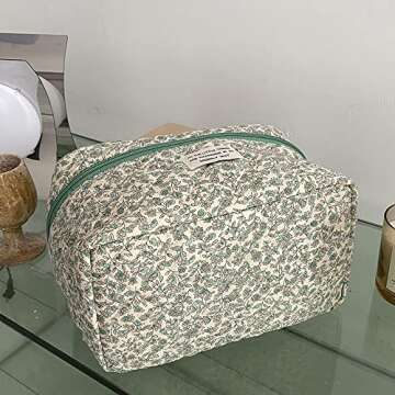 Lushandy Kawaii Floral Makeup Bag Coquette Aesthetic Cosmetic Bag Large Travel Makeup Organizer Cute Pouch Cotton Quilted Toiletry Bag