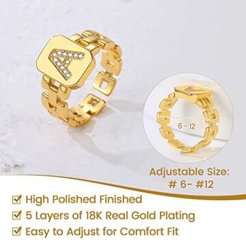 M Ring, Gold Initial Rings for Women Letter Ring Adjustable Chunky Gold Alphabet Capital Name Rings Initial Jewelry