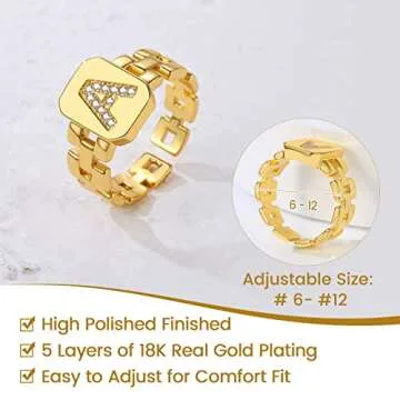 M Ring, Gold Initial Rings for Women Letter Ring Adjustable Chunky Gold Alphabet Capital Name Rings Initial Jewelry