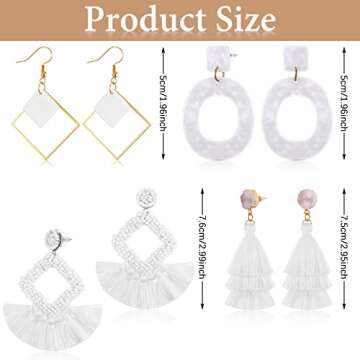 4 Pairs Statement Earrings for Women Geometric Raffia Drop Dangle Earrings White Boho Tassel Handmad...