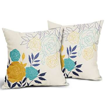 Yellow and Blue Floral Pillow Covers 18X18 Inch Spring Navy Aqua Teal Mustard Yellow Flower Decorative Outdoor Throw Pillows Decor for Home Couch Sofa Linen Square Cushion Case, Set of 2