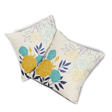 Yellow and Blue Floral Pillow Covers 18X18 Inch Spring Navy Aqua Teal Mustard Yellow Flower Decorative Outdoor Throw Pillows Decor for Home Couch Sofa Linen Square Cushion Case, Set of 2