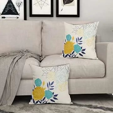 Yellow and Blue Floral Pillow Covers 18X18 Inch Spring Navy Aqua Teal Mustard Yellow Flower Decorative Outdoor Throw Pillows Decor for Home Couch Sofa Linen Square Cushion Case, Set of 2