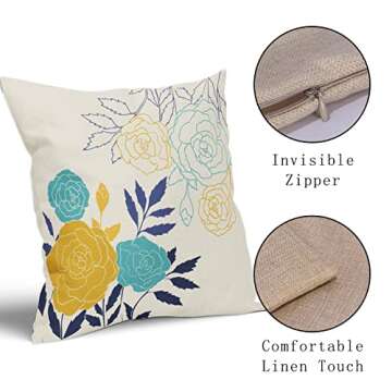 Yellow and Blue Floral Pillow Covers 18X18 Inch Spring Navy Aqua Teal Mustard Yellow Flower Decorative Outdoor Throw Pillows Decor for Home Couch Sofa Linen Square Cushion Case, Set of 2