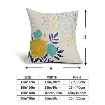 Yellow and Blue Floral Pillow Covers 18X18 Inch Spring Navy Aqua Teal Mustard Yellow Flower Decorative Outdoor Throw Pillows Decor for Home Couch Sofa Linen Square Cushion Case, Set of 2