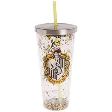 Spoontiques - Harry Potter Tumbler - Hufflepuff Glitter Cup with Straw - 20 oz - Acrylic - Yellow