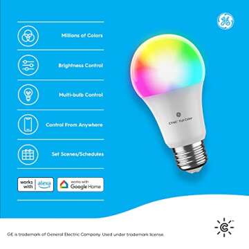 GE CYNC Smart LED Light Bulb, Color Changing Lights, Bluetooth and Wi-Fi Lights, Works with Alexa and Google Home, A19 Light Bulb (1 Pack)