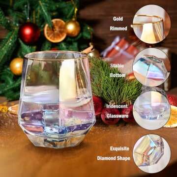 YUHANOER Wine Glasses Set Of 4,Diamond Stemless Wine Glasses - Iridescent Glassware with Gold Rim, for Spirits,Cocktails,Whisky,Bourbon or Drinking Glasses,Wine lovers