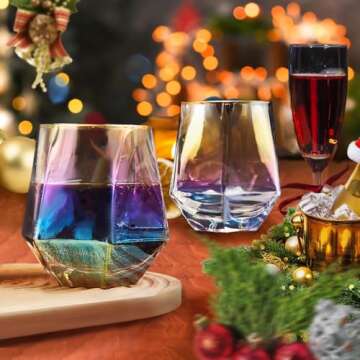 YUHANOER Wine Glasses Set Of 4,Diamond Stemless Wine Glasses - Iridescent Glassware with Gold Rim, for Spirits,Cocktails,Whisky,Bourbon or Drinking Glasses,Wine lovers