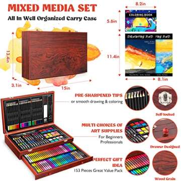 Caliart Art Supplies, 153-Pack Deluxe Wooden Art Set Crafts Drawing Painting Coloring Supplies Kit with 2 A4 Sketch Pads, Halloween Creative Gift Box for Adults Artist Beginners Kids Girls Boys