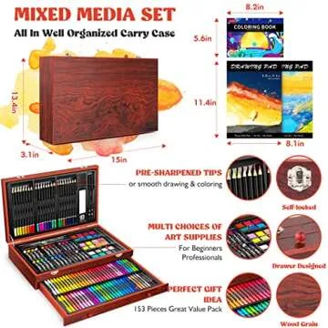 Caliart Art Supplies, 153-Pack Deluxe Wooden Art Set Crafts Drawing Painting Coloring Supplies Kit with 2 A4 Sketch Pads, Halloween Creative Gift Box for Adults Artist Beginners Kids Girls Boys