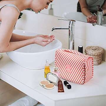 Premium Toiletry Bag for Women Hanging Makeup Bags Organizer Travel Bag for Toiletries Cosmetic Bag Waterproof Shower Bathroom Bag with Hook Girls (Pink stripes)