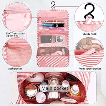 Premium Toiletry Bag for Women Hanging Makeup Bags Organizer Travel Bag for Toiletries Cosmetic Bag Waterproof Shower Bathroom Bag with Hook Girls (Pink stripes)
