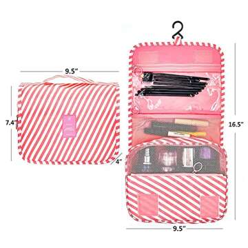 Premium Toiletry Bag for Women Hanging Makeup Bags Organizer Travel Bag for Toiletries Cosmetic Bag Waterproof Shower Bathroom Bag with Hook Girls (Pink stripes)