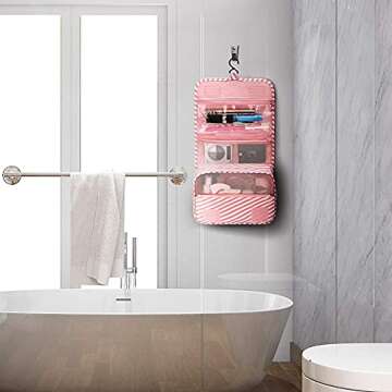 Premium Toiletry Bag for Women Hanging Makeup Bags Organizer Travel Bag for Toiletries Cosmetic Bag Waterproof Shower Bathroom Bag with Hook Girls (Pink stripes)