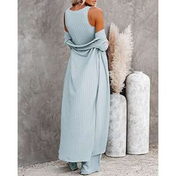 Fessceruna Womens 3 Piece Lounge Sets Pajamas Knit Long Sleeve Cardigan Crop Top Wide Leg Pants Loungewear Set