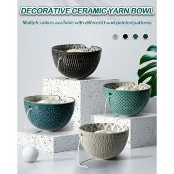 UCDRMA Crochet Yarn Bowl for Knitting, Ceramic Yarn Holder Crocheting Bowl with 3D Relief Pattern, 6...