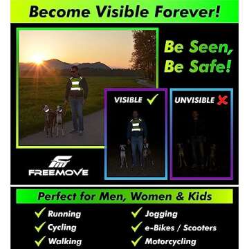 FREEMOVE Reflective Vest Running Gear + 2 Bands & Bag/Ultralight & Comfy Safety Vests with Front Zip Pocket > High Visibility Reflector > for Men, Women > Running, Dog Walking or Cycling