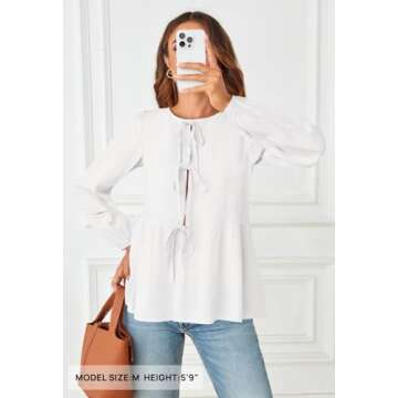 MEROKEETY Women's Tie Front Tops Blouse Puff Sleeve Button Peplum Ruffle Cute Babydoll Tee Shirts, W...