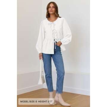 MEROKEETY Women's Tie Front Tops Blouse Puff Sleeve Button Peplum Ruffle Cute Babydoll Tee Shirts, White, Large