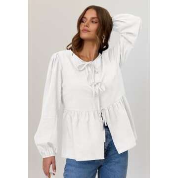 MEROKEETY Women's Tie Front Tops Blouse Puff Sleeve Button Peplum Ruffle Cute Babydoll Tee Shirts, White, Large