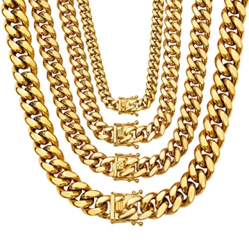 Gold Cuban Link Chain Necklace or Bracelet with Design Box Clasp for Men 18K Gold Stainless Steel Hi...