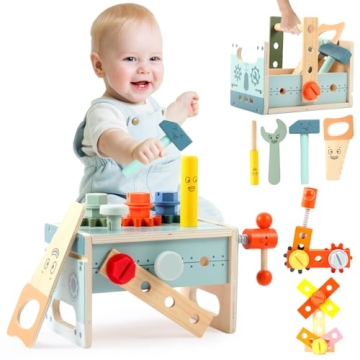 Asweets Kids Tool Bench,32 PCS Wooden Toddler Tool Set with Box,Montessori Toys STEM Educational Pre...