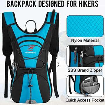 SharkMouth Hiking Hydration Backpack with Bladder - Insulated Water Backpack with 2.5L Reservoir - Lightweight Hydration Pack for Hiking Running Biking Cycling Blue