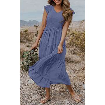 MEROKEETY Women's Flutter Short Sleeve Smocked Midi Dress - Casual Tiered A-Line Dress
