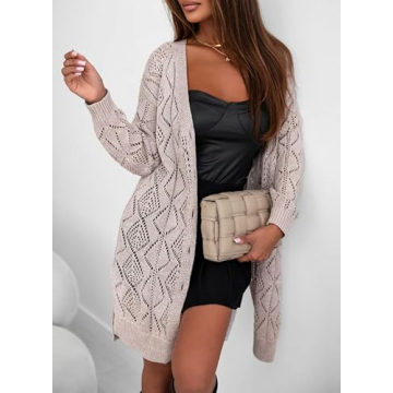 SHEWIN Womens Fall Fashion 2025 Long Cardigan Sweaters Casual Long Sleeve Sweater Open Front Crochet Cardigans Fall Outfits for Women 2025, M, Light Pink