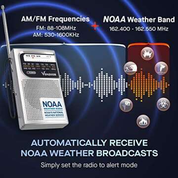 NOAA Weather Radio - Emergency NOAA/AM/FM Battery Operated Portable Radio with Best Reception and Longest Lasting Transistor. Powered by 2 AA Battery with Mono Headphone Socket, by Vondior (Silver)