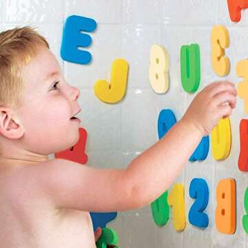 Bath Toys Organizer + 36 Soft Foam ABC 123 Letters & Numbers Bathroom Alphabet Baby Toys for Early L...