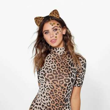 NESTRE Cheetah Ears Headband & Face Stickers Leopard Cat Ears Headpiece Leopard Print Accessories fo...