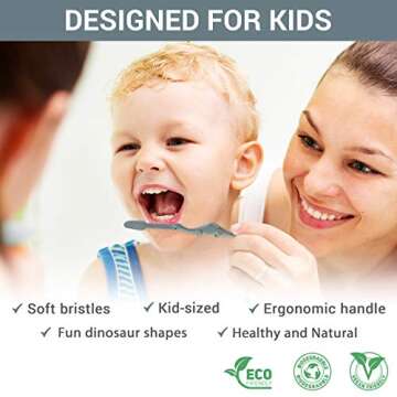 ANPEI Vegan Eco Friendly Natural Dinosaurs Inspired Kids Toothbrush Made from Plants | 100% Biodegradable and Compostable | 1% for the Planet Product, Blue/Green, Pack of 2