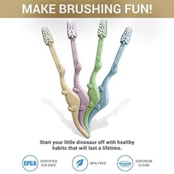 ANPEI Vegan Eco Friendly Natural Dinosaurs Inspired Kids Toothbrush Made from Plants | 100% Biodegradable and Compostable | 1% for the Planet Product, Blue/Green, Pack of 2