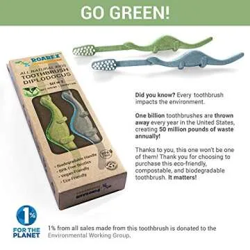 ANPEI Vegan Eco Friendly Natural Dinosaurs Inspired Kids Toothbrush Made from Plants | 100% Biodegradable and Compostable | 1% for the Planet Product, Blue/Green, Pack of 2