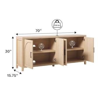 Walker Edison Modern 70" Reeded Sideboard, Credenza with Doors for Kitchen, Dining Room, Media and Game Storage, Buffet Cabinet with Cord Management, 16" D X 30" H, Coastal Oak