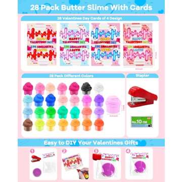 AMENON 28 Pack Butter Slime Kit Valentine Gifts for Kids with 28 Cards Putty Colorful Stress Relief ...