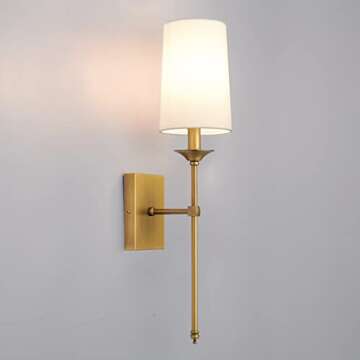 TERLEENART Hardwired Fabric Wall Sconces Set of 2, Mid Century Candlestick Style Wall Light Fixtures with Pure White Cylindrical Shade and Antique Brass Long Slim Stem,for Bathroom Bedroom Living Room